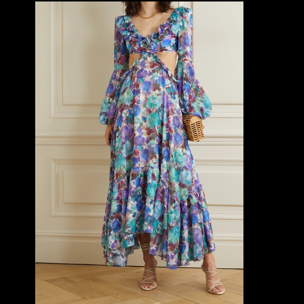 PATBO Cutout ruffled floral-print jersey and jacquard maxi dress size Medium